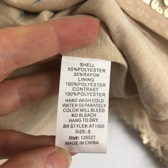 Alythea Women's Size Small Beige Gold Sequin 3/4 Sleeve Open Front Crop Jacket - Picture 5 of 8